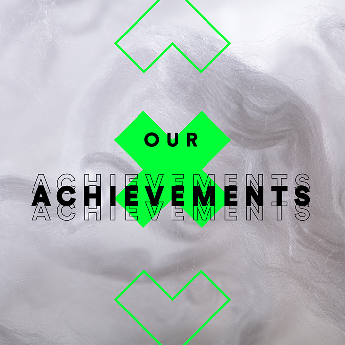 In the centre of the picture there is an arrow pointing upwards at the top, an arrow pointing downwards at the bottom and an X in the middle with the words ‘Our Achievements’, with white fibres in the background. (Photo)