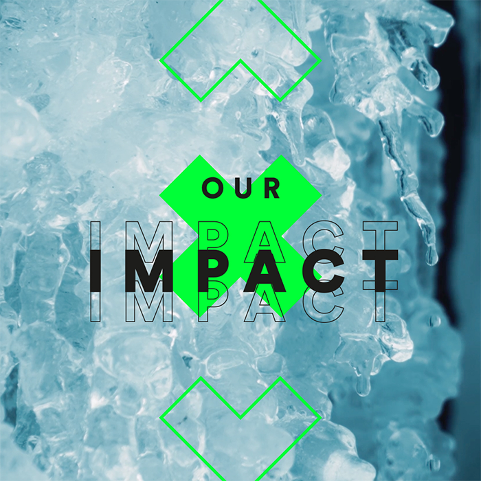 In the centre of the picture there is an arrow pointing upwards at the top, an arrow pointing downwards at the bottom and an X with the words ‘Our Impact’ in the middle, with ice in the background. (Photo)