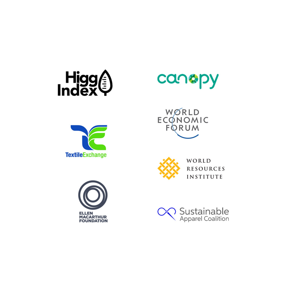 Higg Index, canopy, TextileExchange, World Economic Forum, World Resources Institute, Ellen Macarthur Foundation, Sustainable Apparel Coalition (logos)